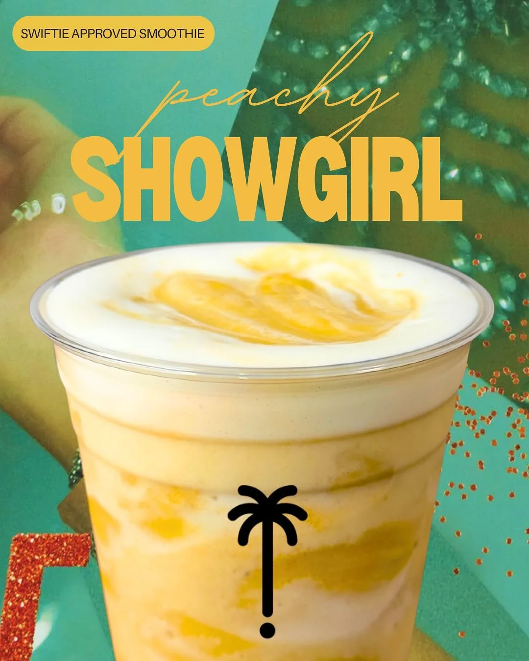 This is your sign to come try the 🍑 PEACHY SHOWGIRL SMOOTHIE 🪩 It&rsquo;s the ONLY #swiftie smoothie in the IE! ✨ It&rsquo;s a guilt free orange julius, so tag a Taylor Swift lover (even if you&rsquo;re not one) and come grab this smoothie before i