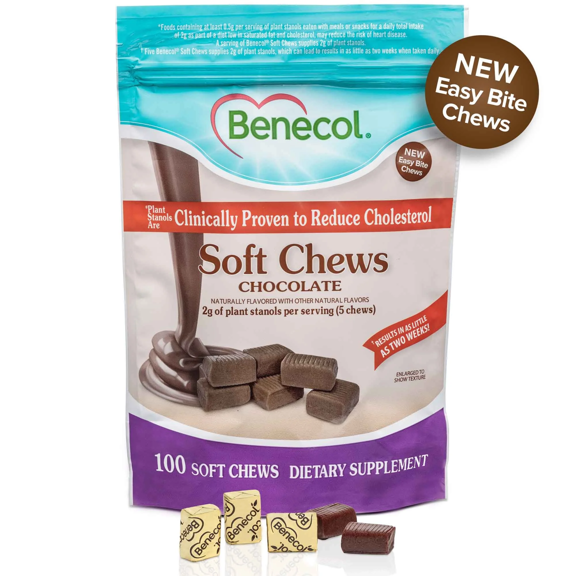 Benecol® Easy Bite Soft Chews – Chocolate Flavor (100 Count Pouch)