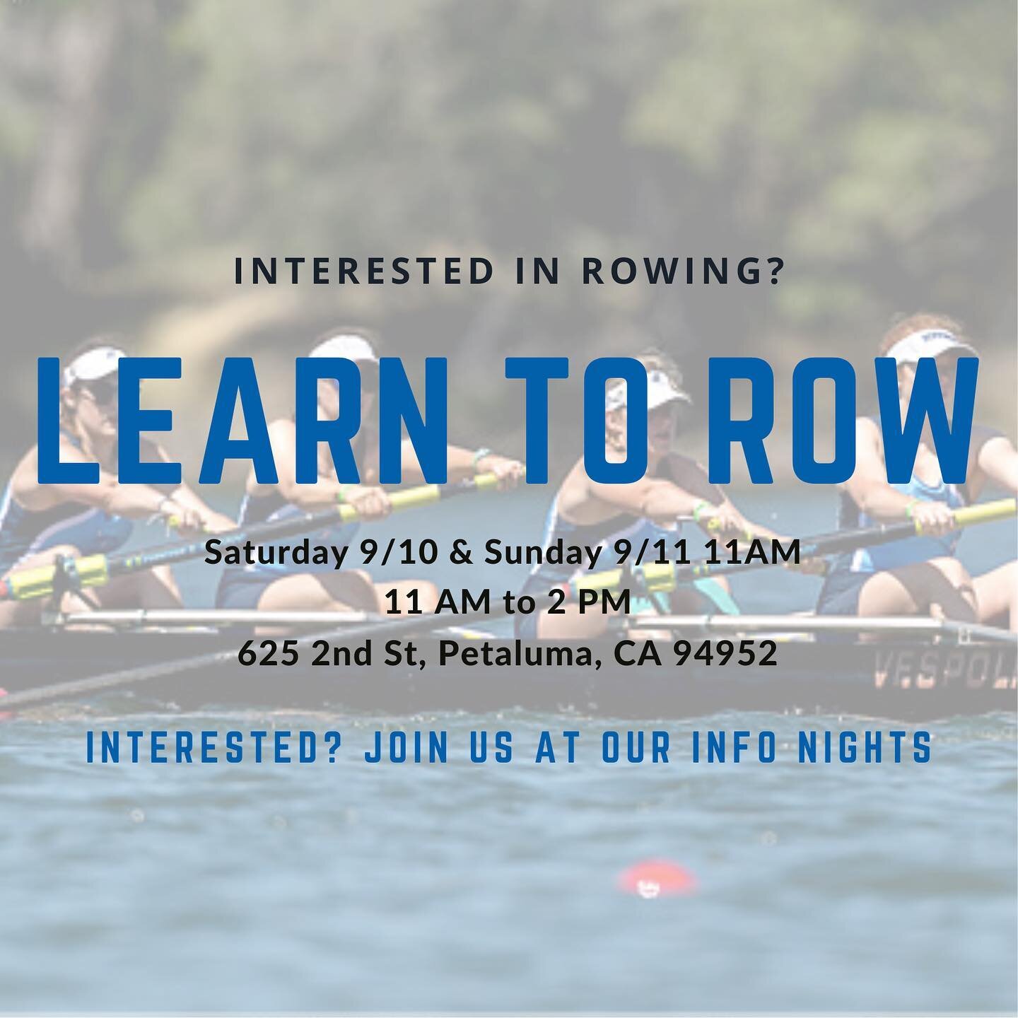 Want to learn how to row? 
Join us for a LEARN TO ROW
Saturday and Sunday 11 AM. We will have carpools to drive people from the flagpoles on campus (be there at 10:40 at the latest). Wear clothes to work out in, bring a water bottle, sunscreen, and a