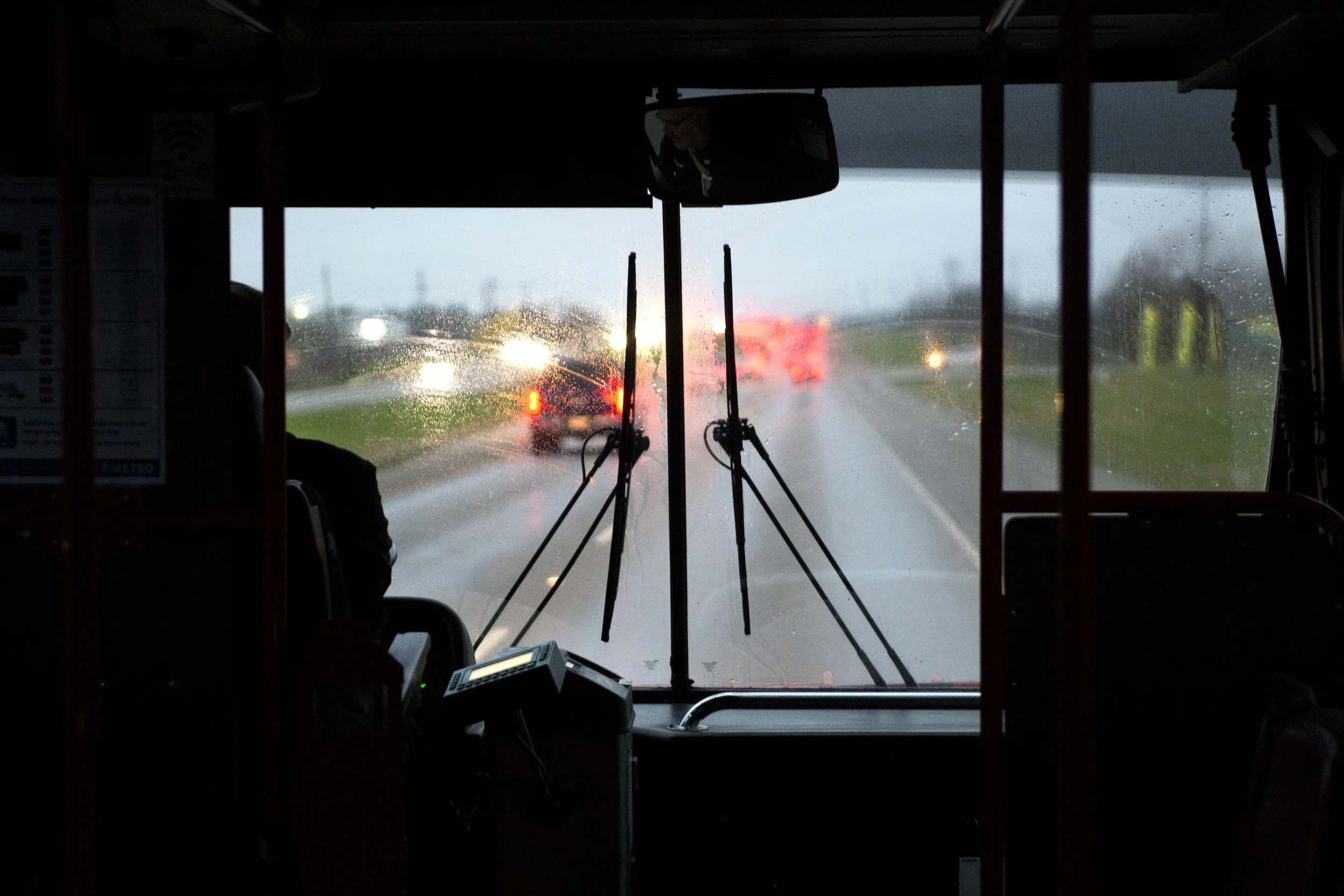 AUSTIN, TEXAS- Feb. 29, 2016. Traffic slows on U.S. Route 290, as the bus meanders towards Austin, during the early hours of the morning. Miguel Gutierrez Jr. /KUT News.