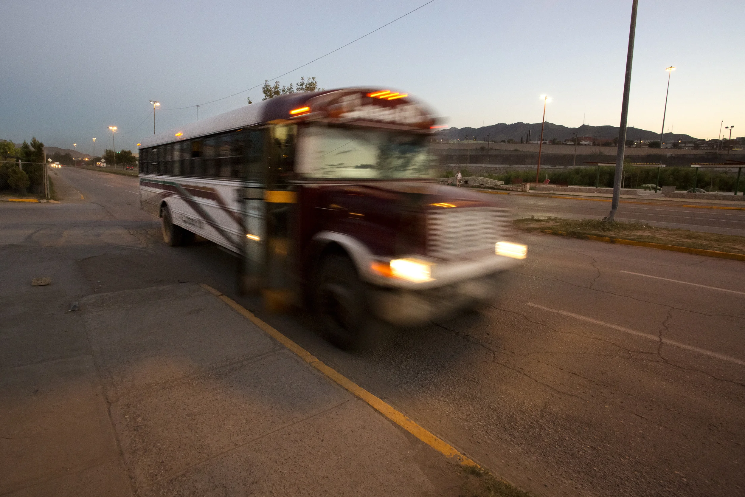 CIUDAD JUAREZ, CHIHUAHUA- Oct. 28, 2015: A bus approaches on Calle Rio Bravo, en route to the international bridge in Ciudad Juarez. Arlet will board this bus on her trip to El Paso, Texas. Miguel Gutierrez Jr. /KUT News.