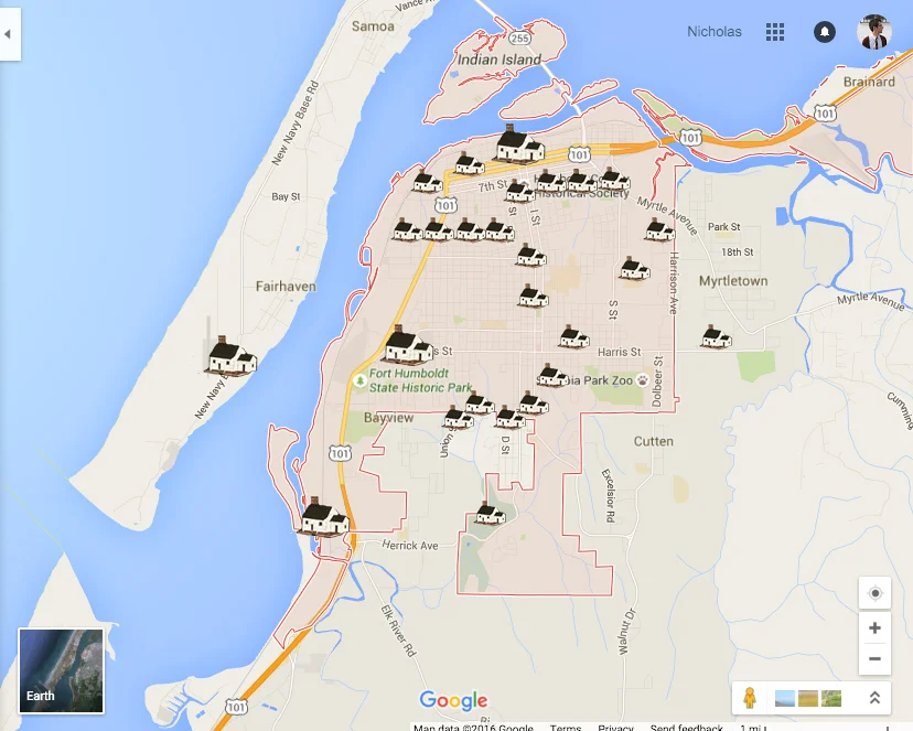 Proposed placement of installations (large icons) and markers (small icons)