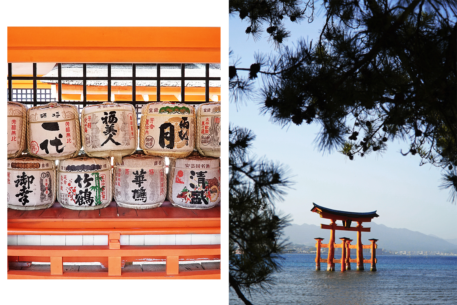 Left: inside the Shrine. Right: O-torii during daylight, as the tide began to come in.