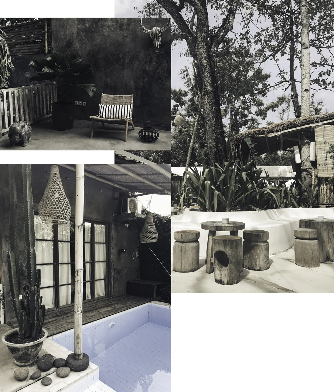 Left upper: Villa #3. Left lower: Villa #3. Right: Mrs Sippy Beach Club.