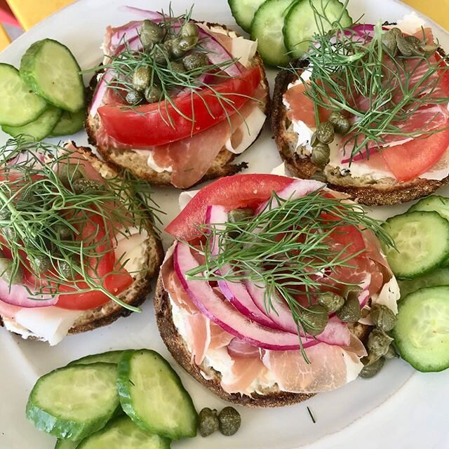 I called these the Everything English Muffins because yes, they do have Everything But the Bagel Cream Cheese on the base of the muffins. But this dish really has &quot;everything&quot; I want at breakfast or lunch time. Prosciutto in place of lox, t