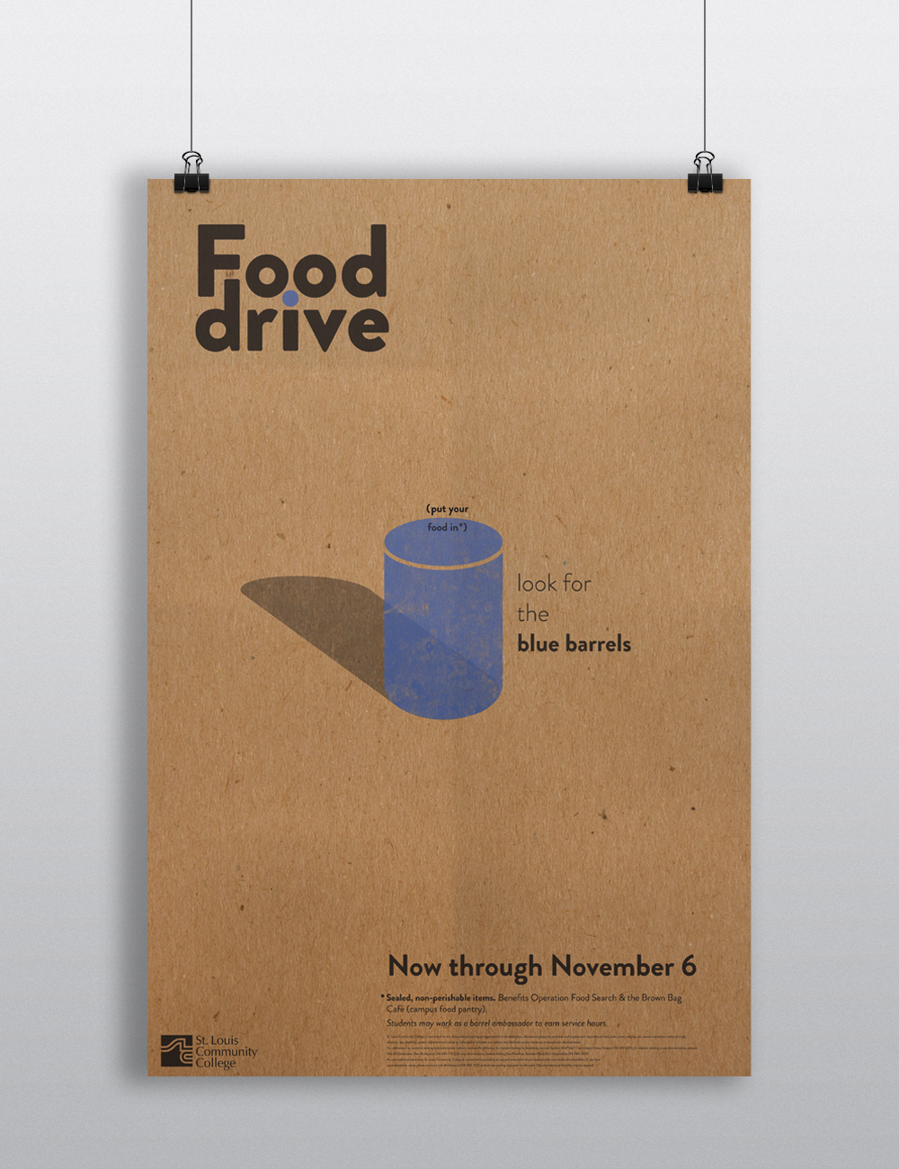 Poster printed on kraft paper to advertise a charitable food drive sponsored by St. Louis Community College's "Brown Bag Cafe".