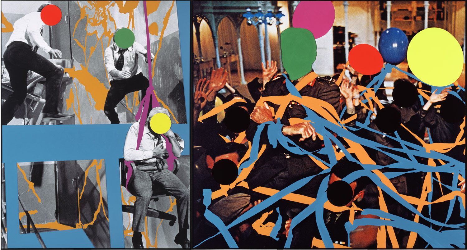   Fissures   (Orange)   and     Ribbons   (Orange, Blue): With Multiple Figures (Red, Green, Yellow), Plus Single Figure (Yellow) in Harness (Violet) and Balloons (Violet, Red, Yellow, Grey),  2004  ©&nbsp;John Baldessari 