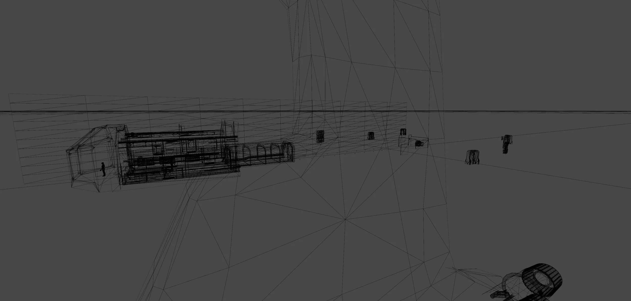 Transitioning scenes was complicated, but by leaning into the logic of spaceships, we were able to use an airlock (the repeating arches in the middle of the image) as both a down beat before the game’s climax and as a loading zone to seamlessly tran