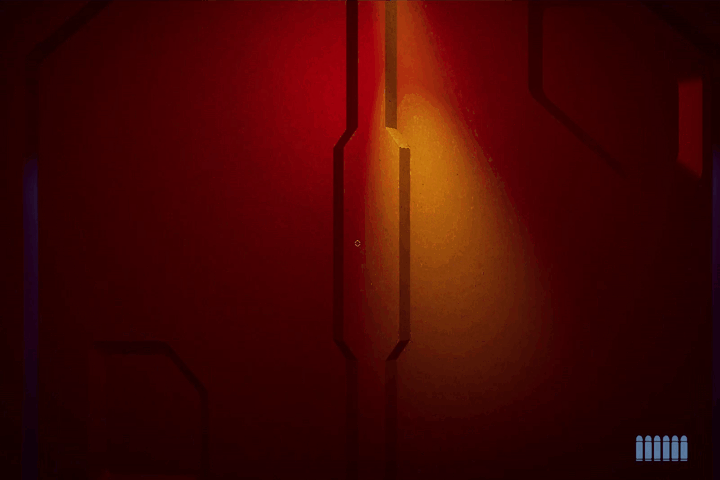 A view of the airlock as it opens. To create maximal intensity we used a blue, dim light in the airlock to contrast as much as possible with the bright orange-red of the bridge.
