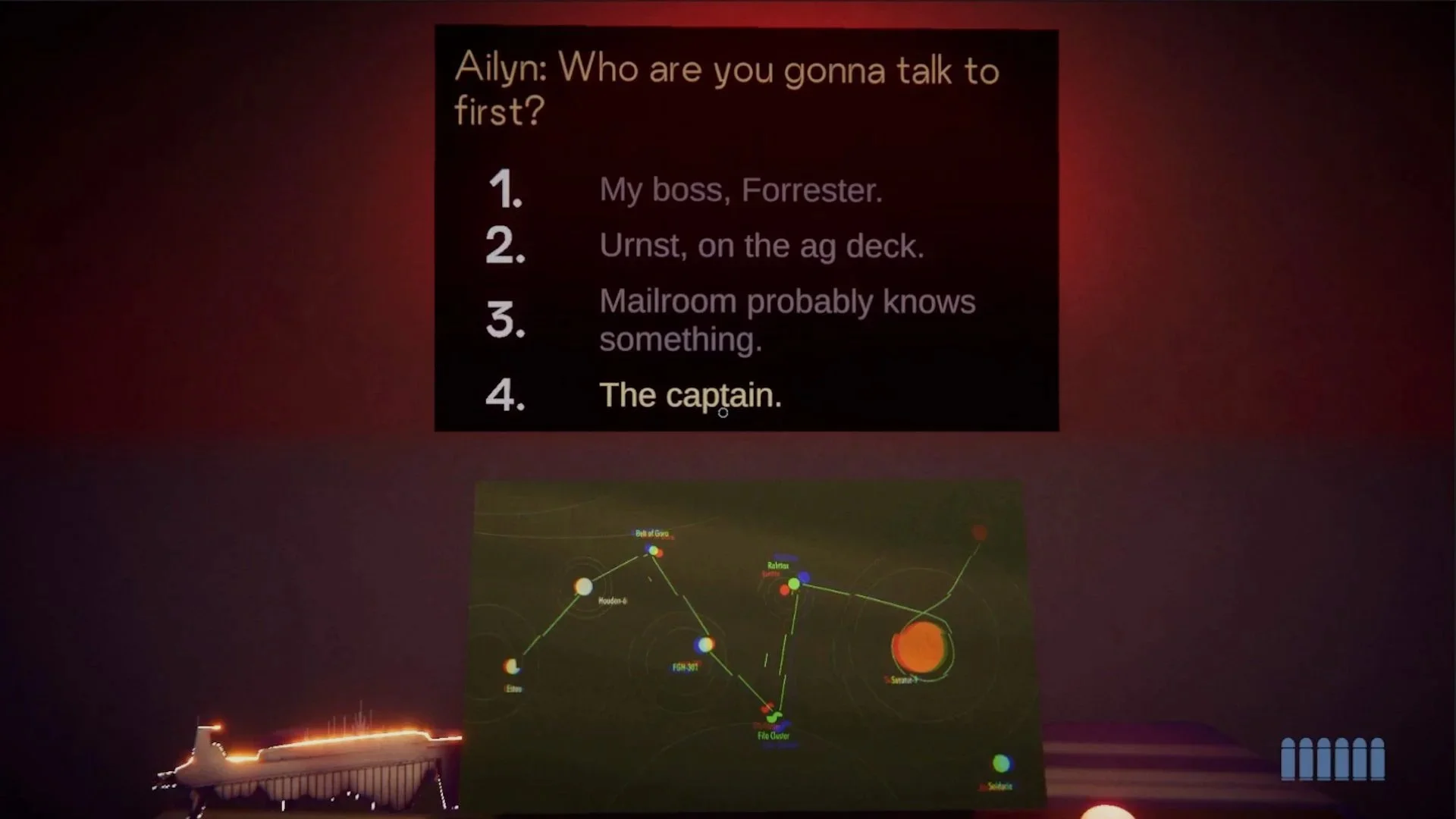 The conversation interface exists in world space. Players can use number keys or aim and click on dialogue options to keep the game fluid and engaging during longer conversations.