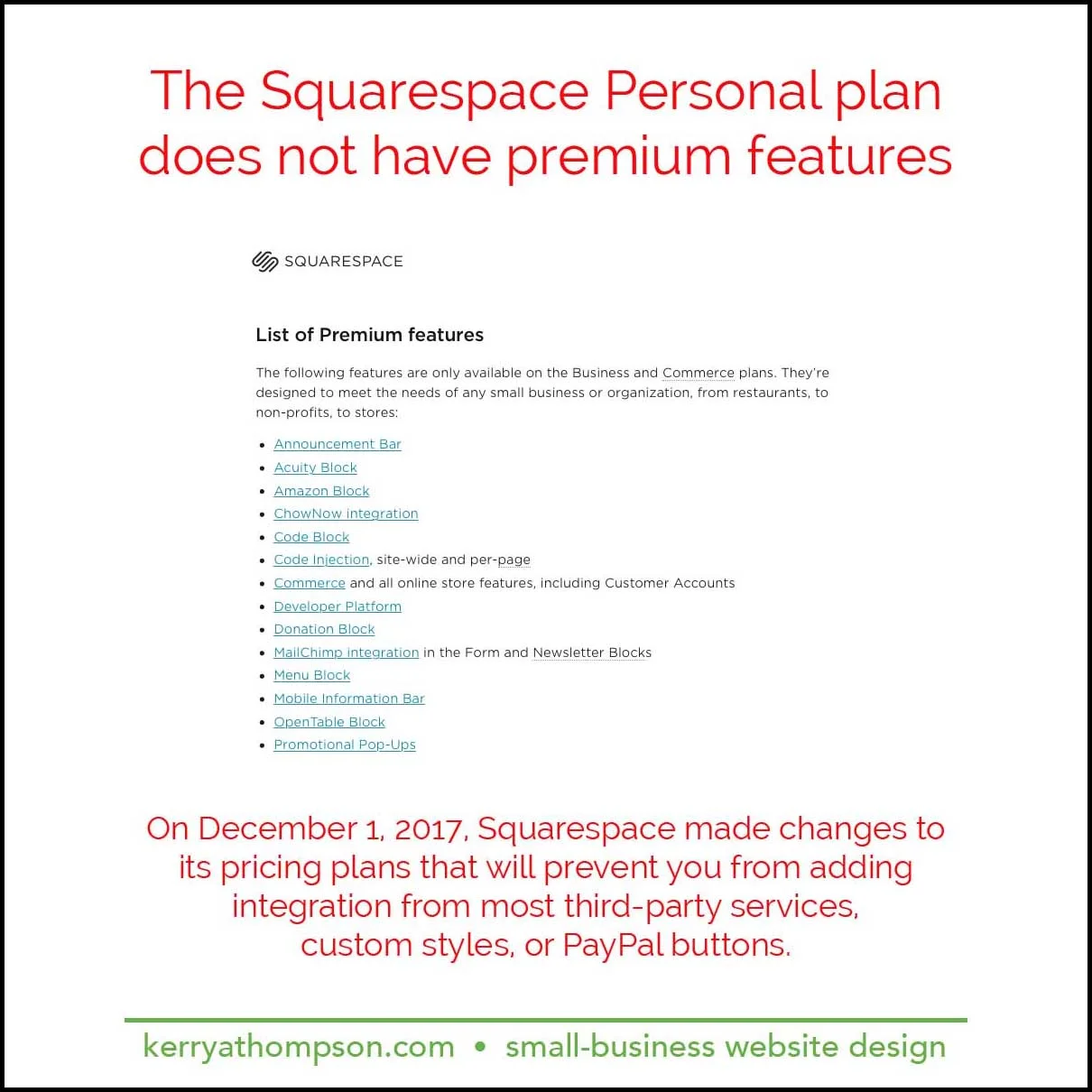 KerryAThompson.com Blog - Squarespace Personal plan drops custom code and third-party integration