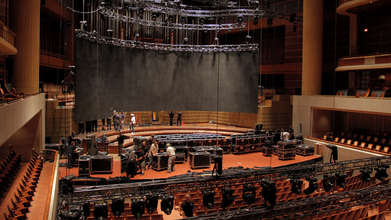 Setting up a stage for an event