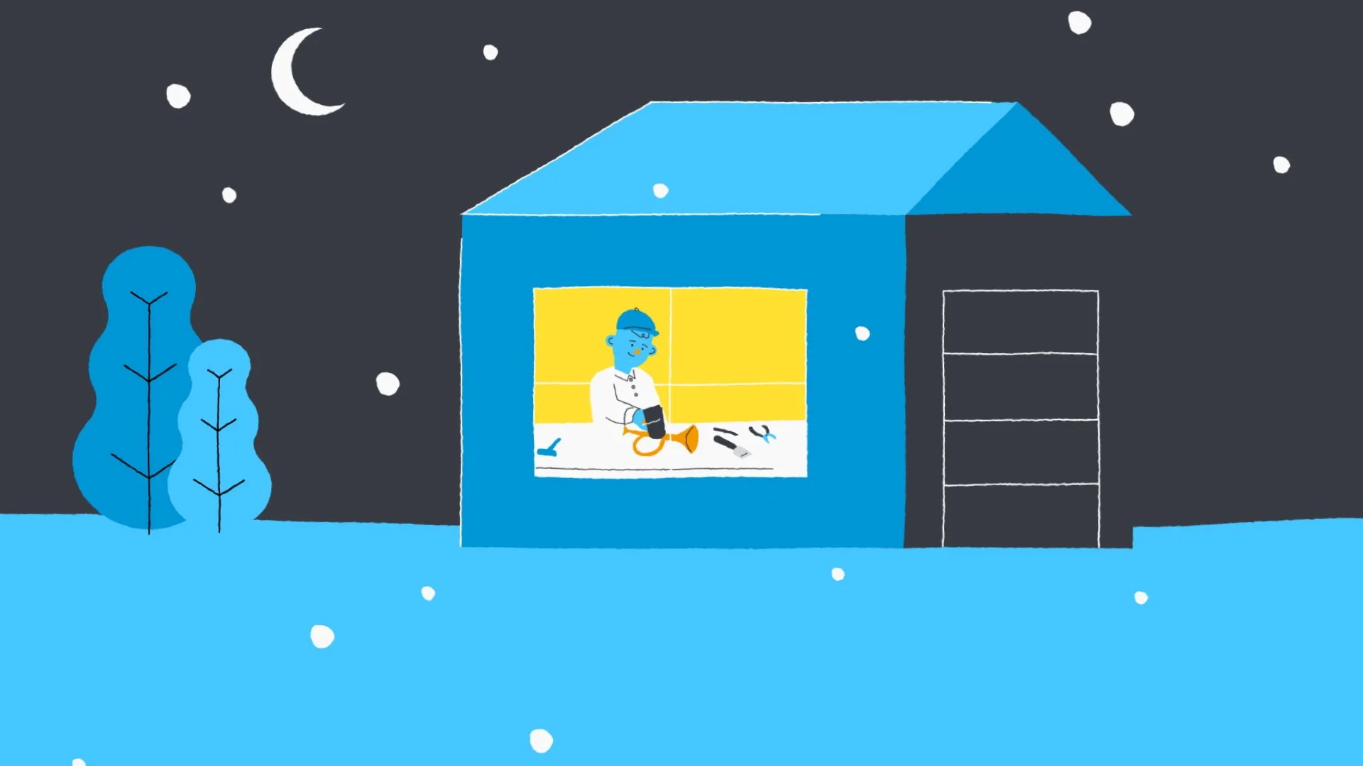 Illustration of man hammering a horn in a house