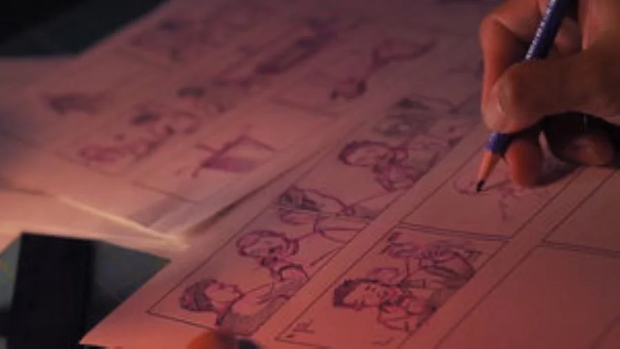 Hand drawing storyboards.