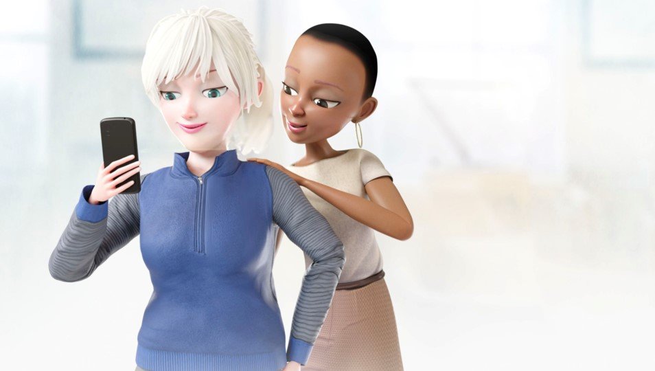 Two 3D women looking at a mobile phone
