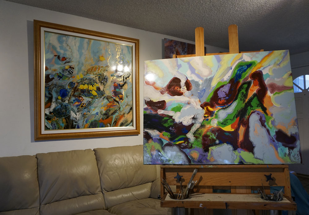 New painting in progress. I intend to paint the Garibaldi fish hiding in the rocks and caves underwater.