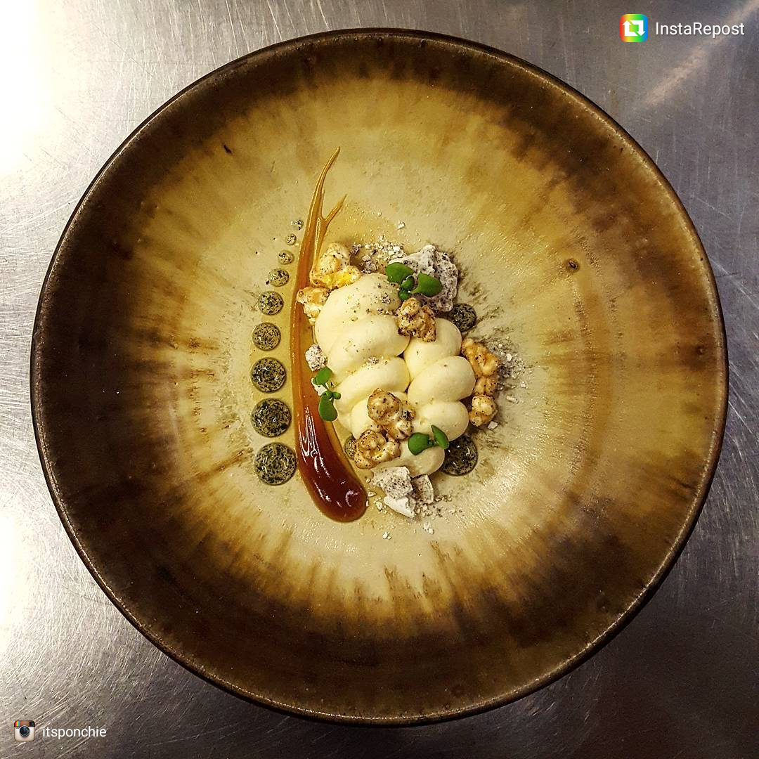 popcorn puree cheesecake. soy, shies. black sesame, tonic and caramelized popcorn by Chef Ryan Lor