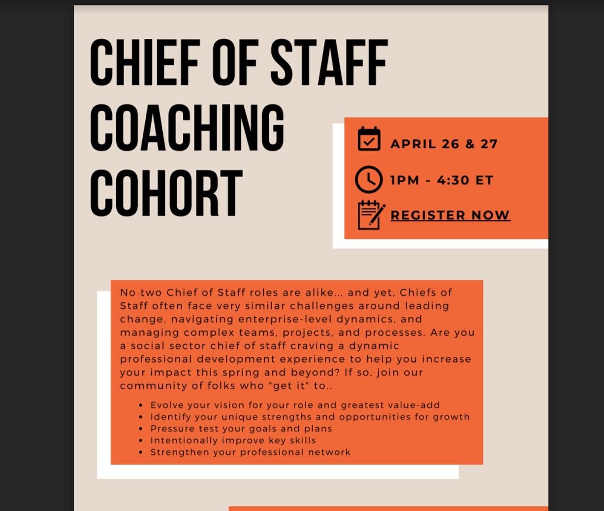 calling all Chief of Staff-ish🦄 🦄-&gt; join me and @crd30bgm for a virtual coaching cohort intensive April 26-27! Promise it will pack a punch and be so much fun.