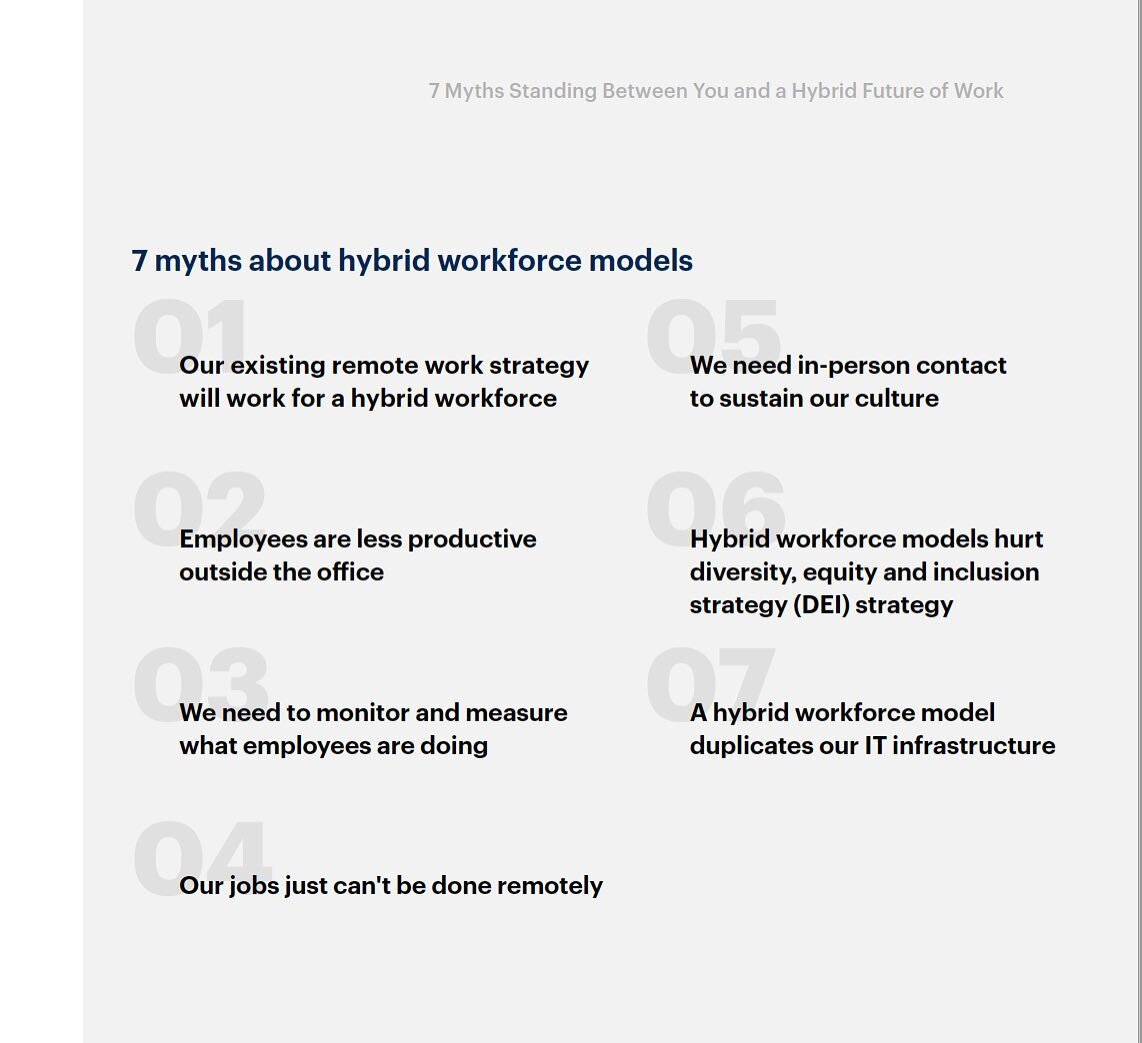 Are you (or your organization) stuck believing one of these myths of hybrid work? This great report from Gartner makes a pretty solid case for embracing hybrid work NOW as a lever for staff satisfaction and retention.  Link in bio to the free downloa