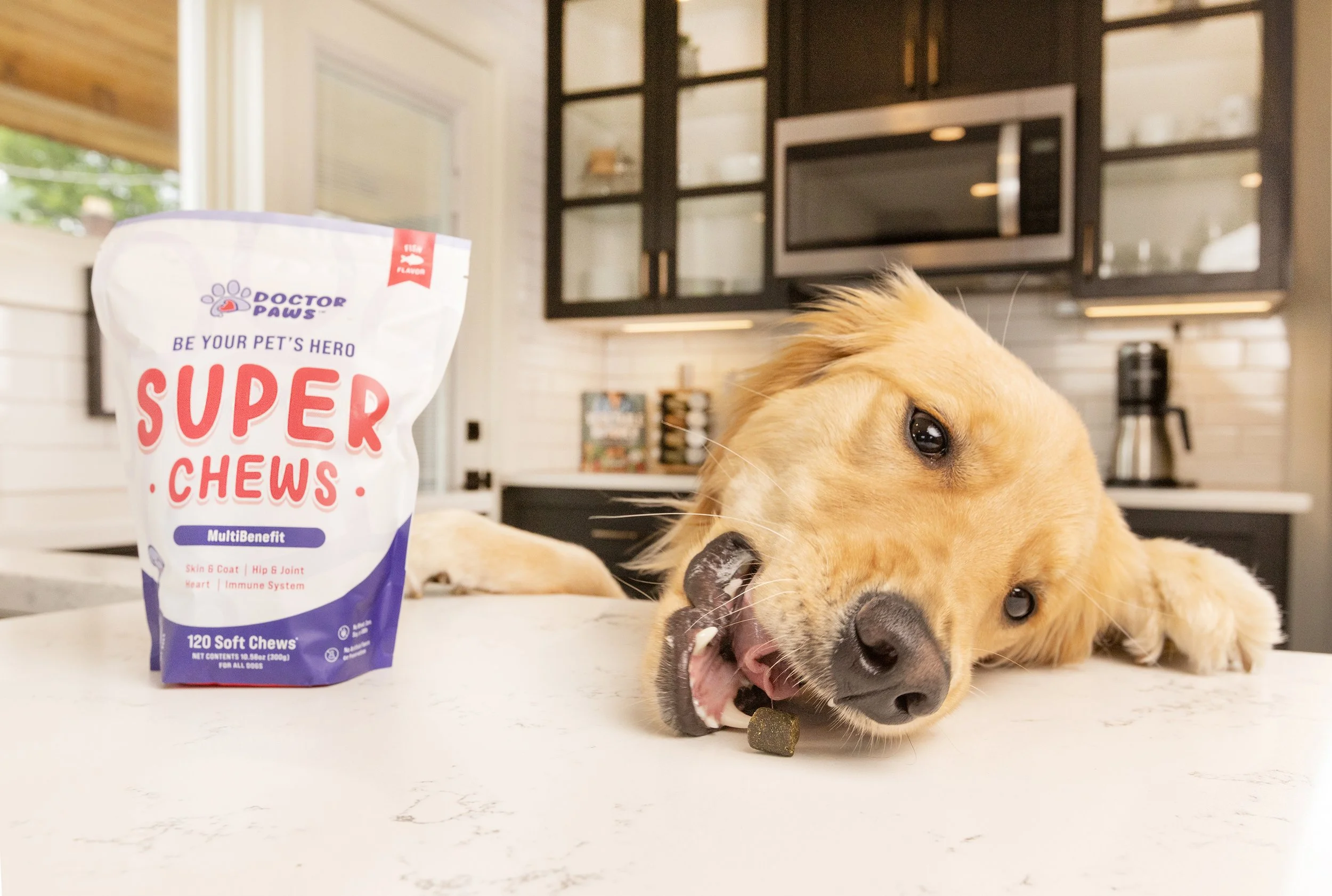 Commercial pet product photography showing a bag of treats sitting on a counter and a Golden retriever trying to grab one of the treats off the kitchen counter