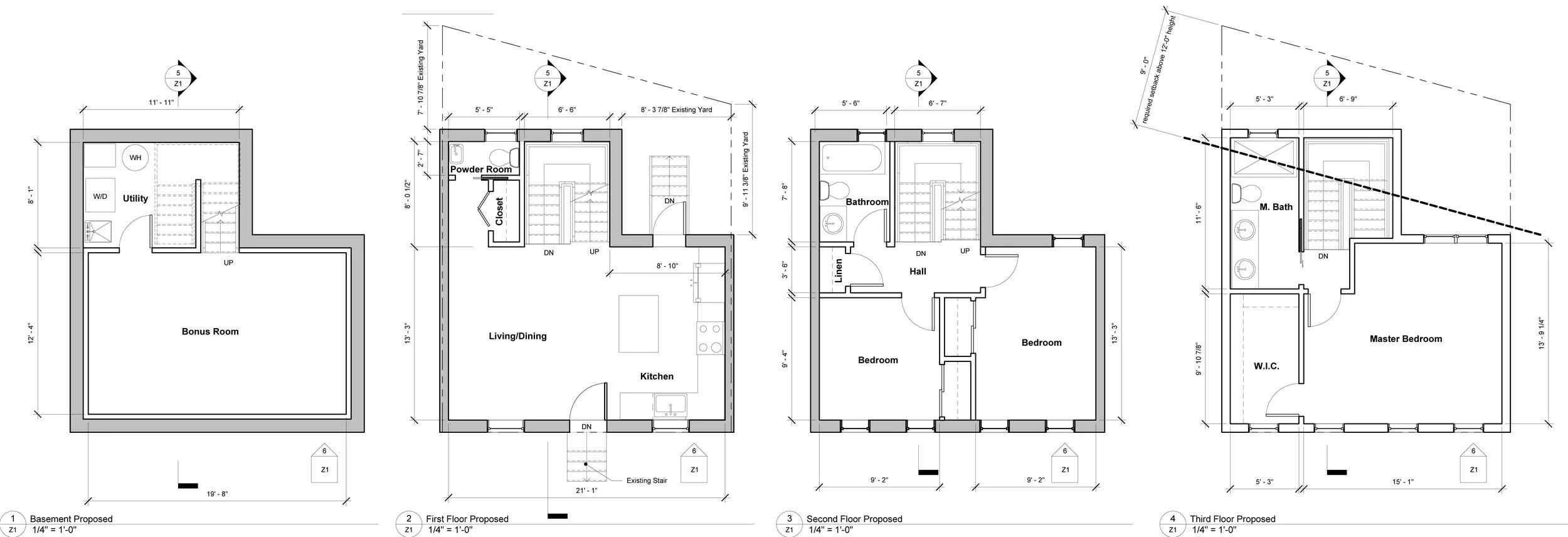 The new plans. Finished basement, living space on the first floor, two bedrooms and a bathroom on the second floor, and a master suite on the third.