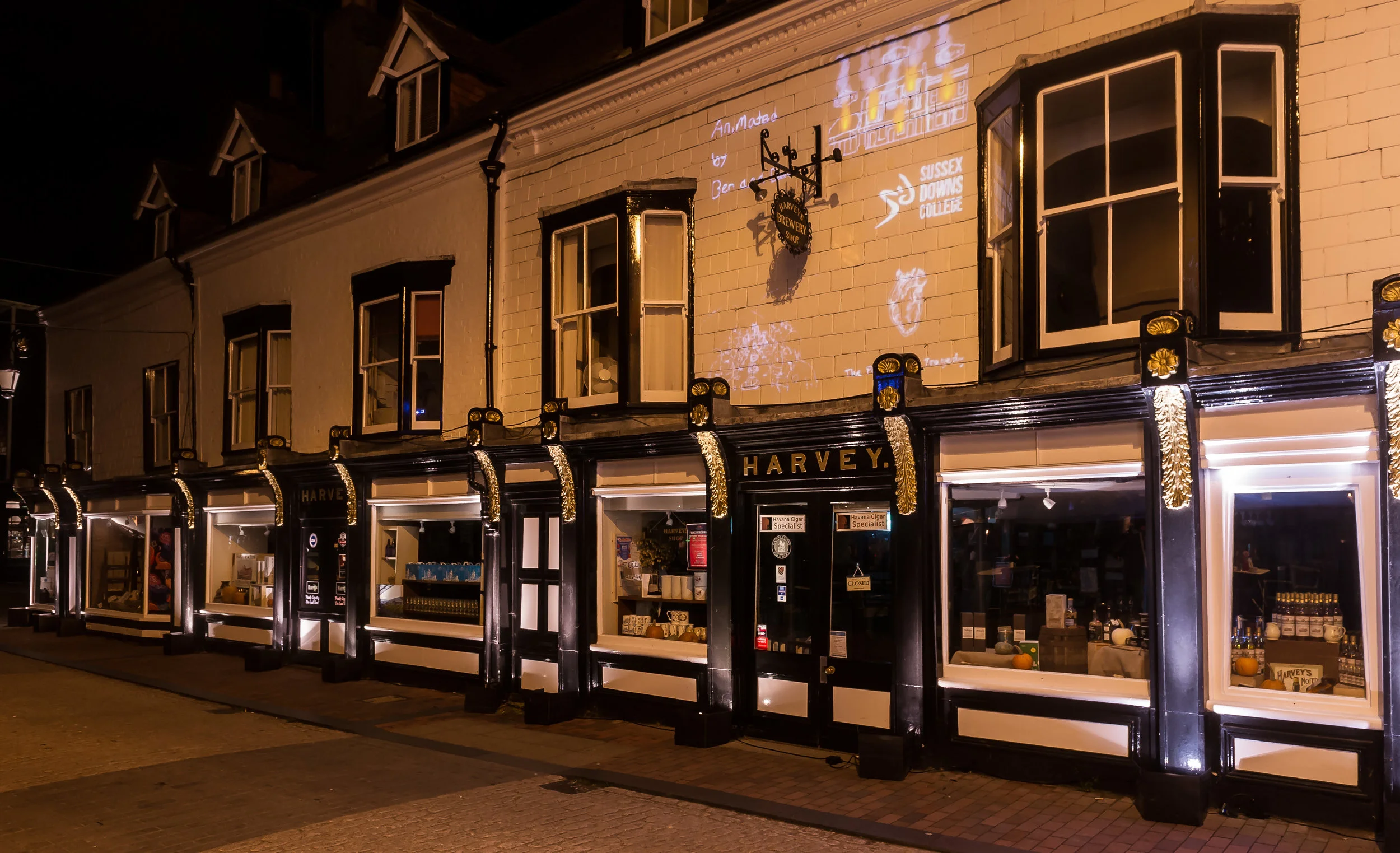 The Brewery shopfront sits proudly on the Cliffe High street, adorning beautiful gilded façade features, these are softly highlighted in warm white light allowing the grandeur of the shot front to come to life.