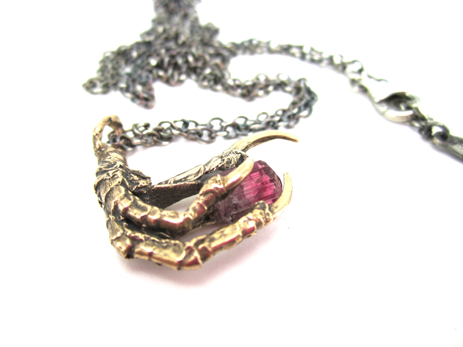The Hunted I - Bronze Crow Claw Pendant with Pink Tourmaline Stone