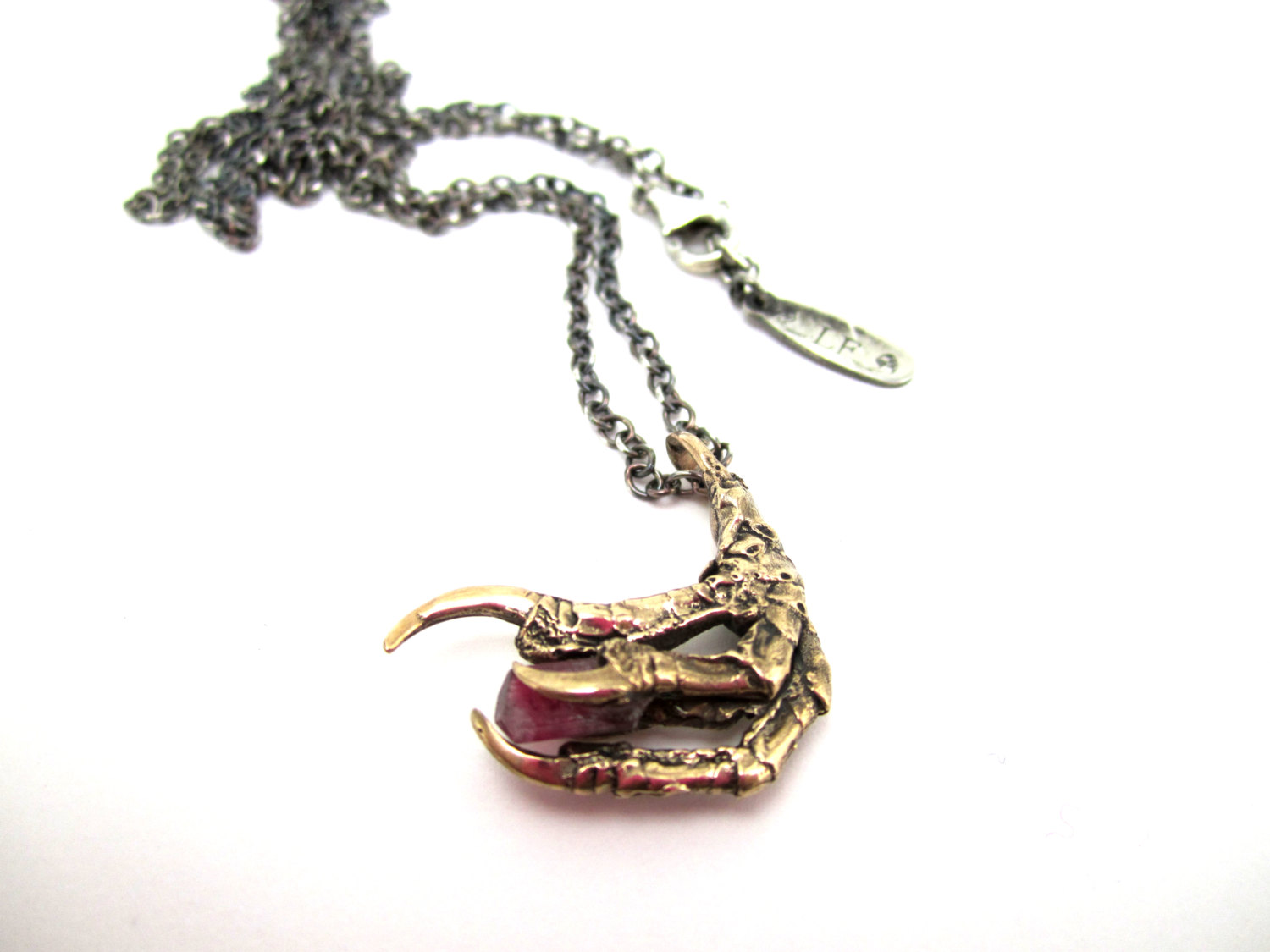 The Hunted I - Bronze Crow Claw Pendant with Pink Tourmaline Stone