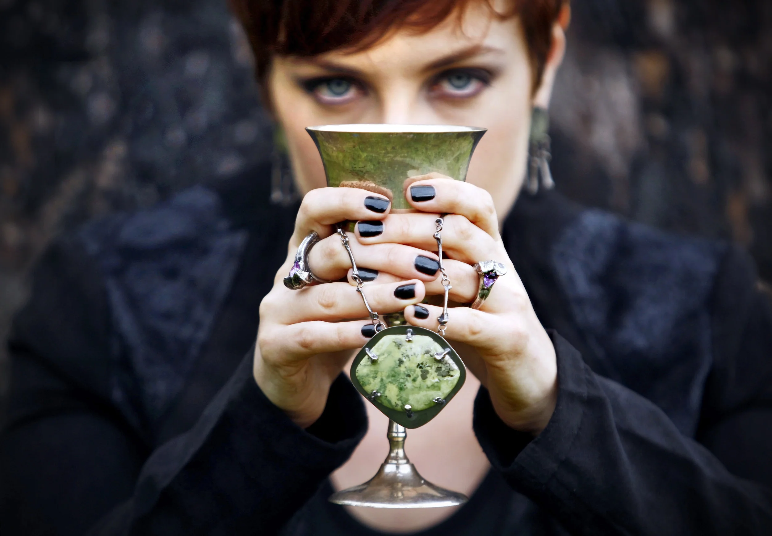 One of my favorite images from the Valkyrie Collection, SS14. Isn't the moss green agate beautiful? And her red hair?!