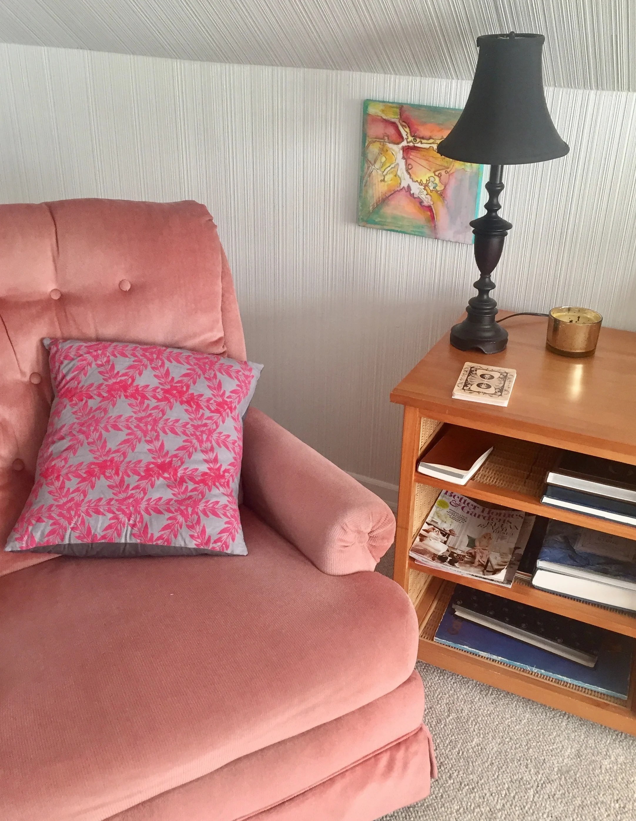 My 'grandma' chair and handmade pillow get me comfy and cozy for a tarot reading.