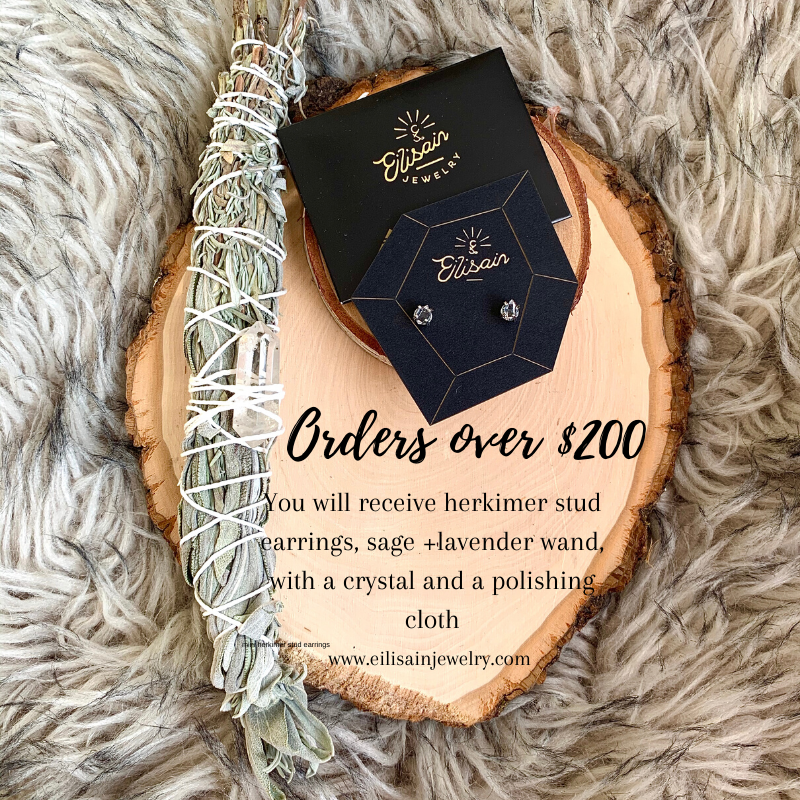 Now we’re talking, super glam and healing herkimer stud earrings, a sage and lavender with a crystal cleansing wand AND a polishing cloth. This one is fantastic!