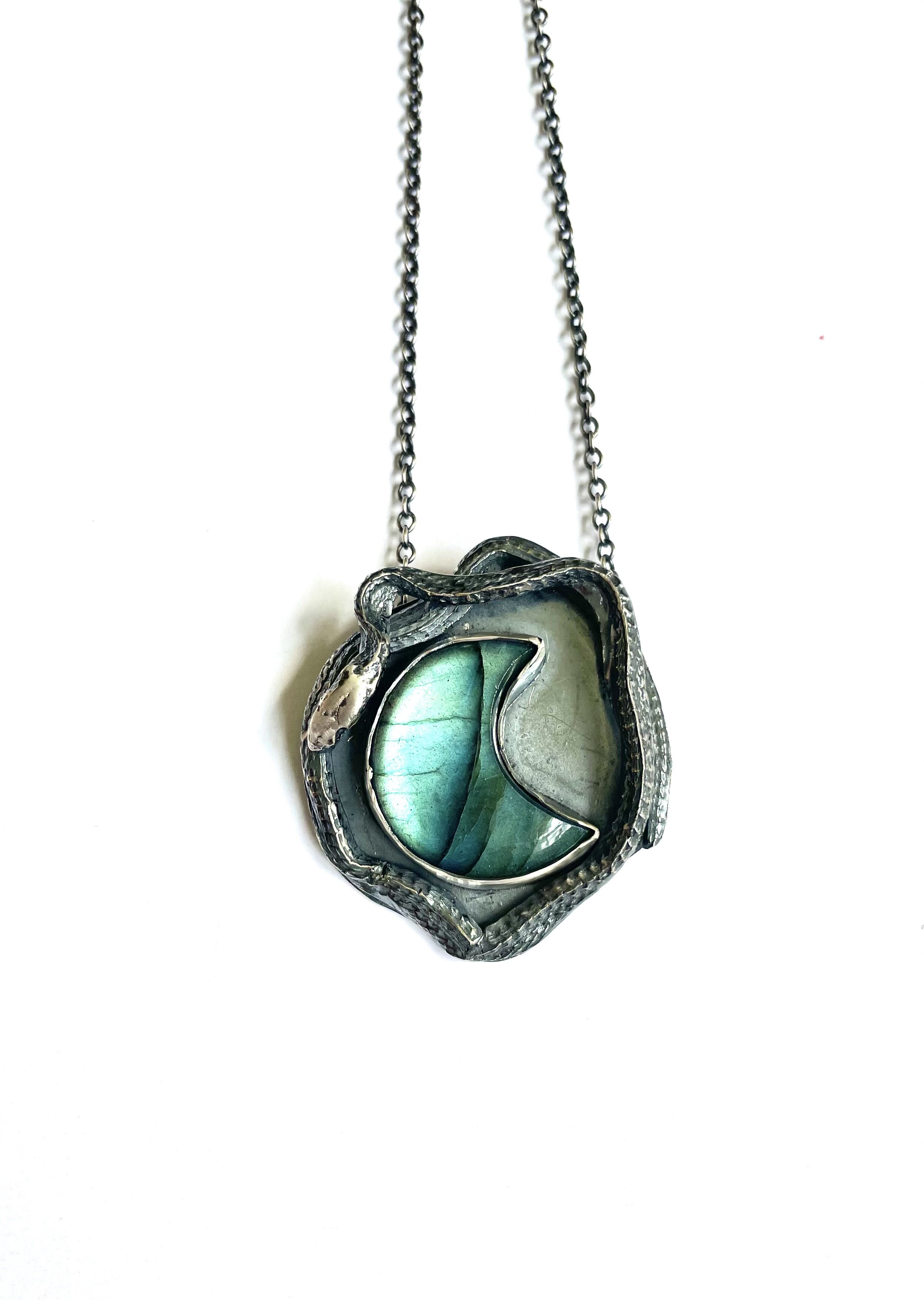 Medea Snake and Crescent Moon Green Labradorite Pendant