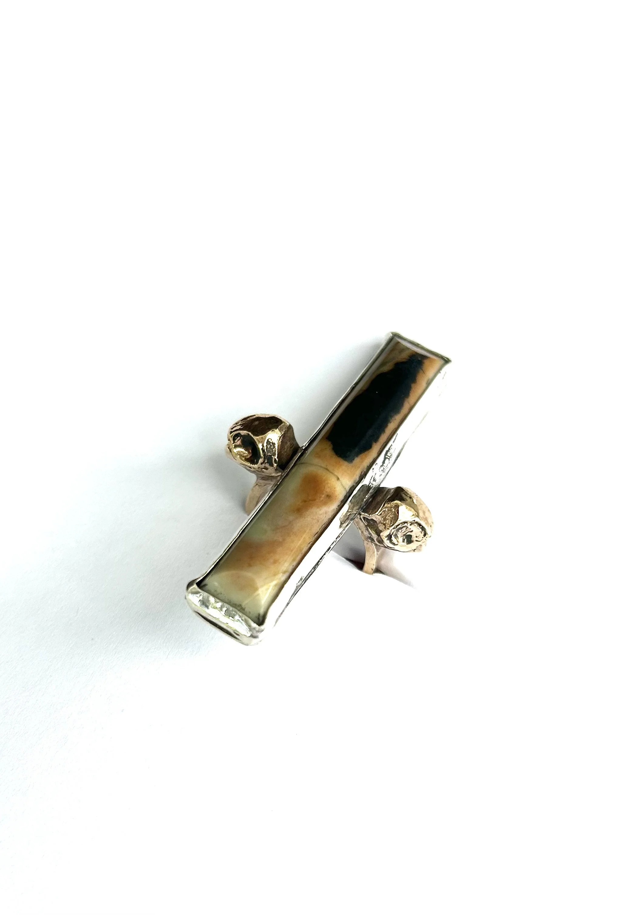 Keeper II Turtle double skull ring with landscape jasper