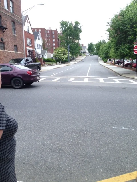 Look at how three lanes of one way traffic on Chestnut Street cross straight onto Pleasant. This is a street in dire need of a road diet! We could definitely cut this down to one lane of traffic and then Dan suggested we think of diagonal parking on either side.