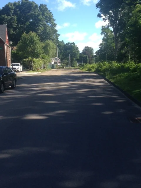 Jerry and I checked out the route of his envisioned bike path. The path would begin at Beaverbrook Parkway near Lovell Street. See here that Beaverbrook is covered up with brush and weeds on the right of the photo. This road near Thayer Street is a private road.