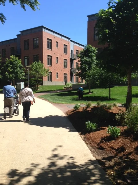 Charles River Park is walkable within the interior of the complex. Note the pedestrian walkways adjacent to open space areas with grass, plantings and trees. This complex is primarily composed of large skyscraper residential buildings ringed by outer highways and inner pedestrian corridors. 