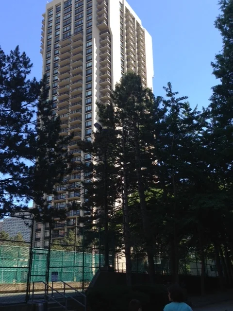 Tennis courts next to high rise provide recreational amenities for the wealthy.