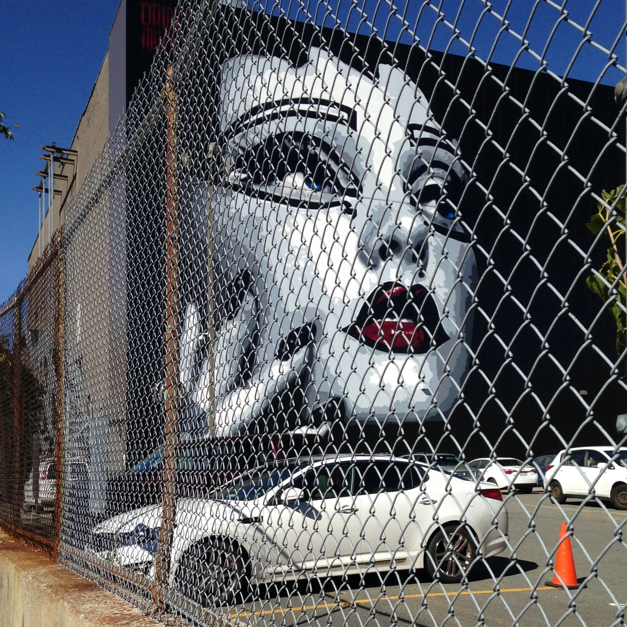 Isn't this a great image? Maybe the woman on the wall is saying, "Oy Vay! I'm going to cry if you don't get me out of this surface parking lot. Don't fence me in. Let's walk, bike or build a trolley up and down Main Street." What do you think she is thinking?