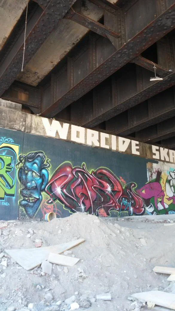 The DIY Worcide Skateboarding Park is a perfect example of literal and figurative "grittiness"! A bunch of plucky skateboarders reclaim a dead urban space at the end of Washington Street on the edges of the Canal District and backing up to the railroad bed. They have created something incredible - a space for skateboarding and powerful graffiti art.