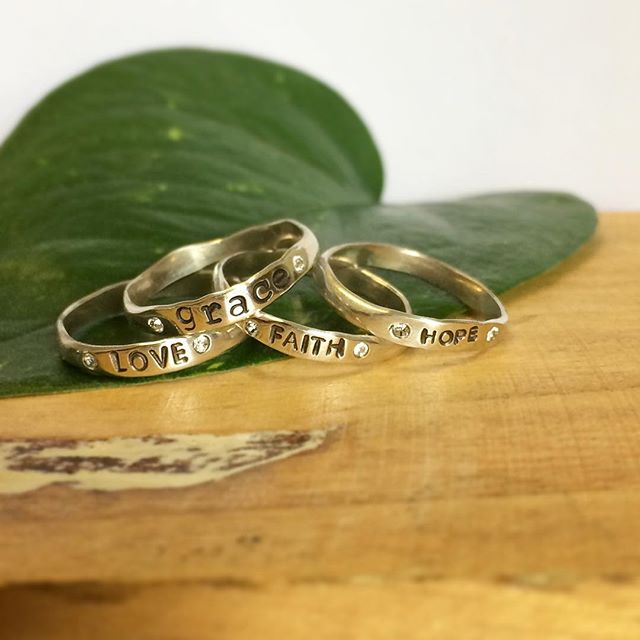 Just a pile of good things in the studio today! My newly inspired line of rings with your “word” on them flanked by tiny inlaid Swarovski crystals. I have some words that are one stamp: Faith, love, joy, or hope. But for instance, this grace ring is hand stamped individually letter by letter. So if you have a word you need on your finger as a daily reminder.... I can do whatever word you’d like.