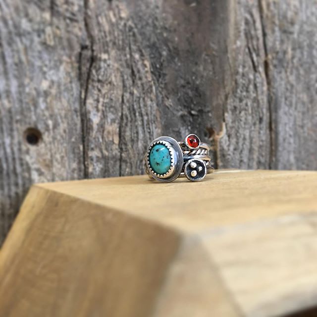 Rustic stacked turquoise and amber ring. A classic combination!