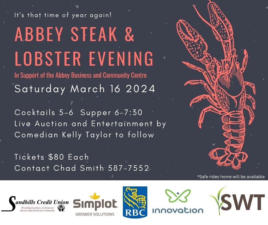 Only a handful of tickets left now🐮🦞! 

It&rsquo;s shaping up to be another huge success and we can&rsquo;t thank our Platinum Sponsors enough for their support! 
@simplotsgs_canada @rbc @swterminal @innovationcu @sandhillscreditunion