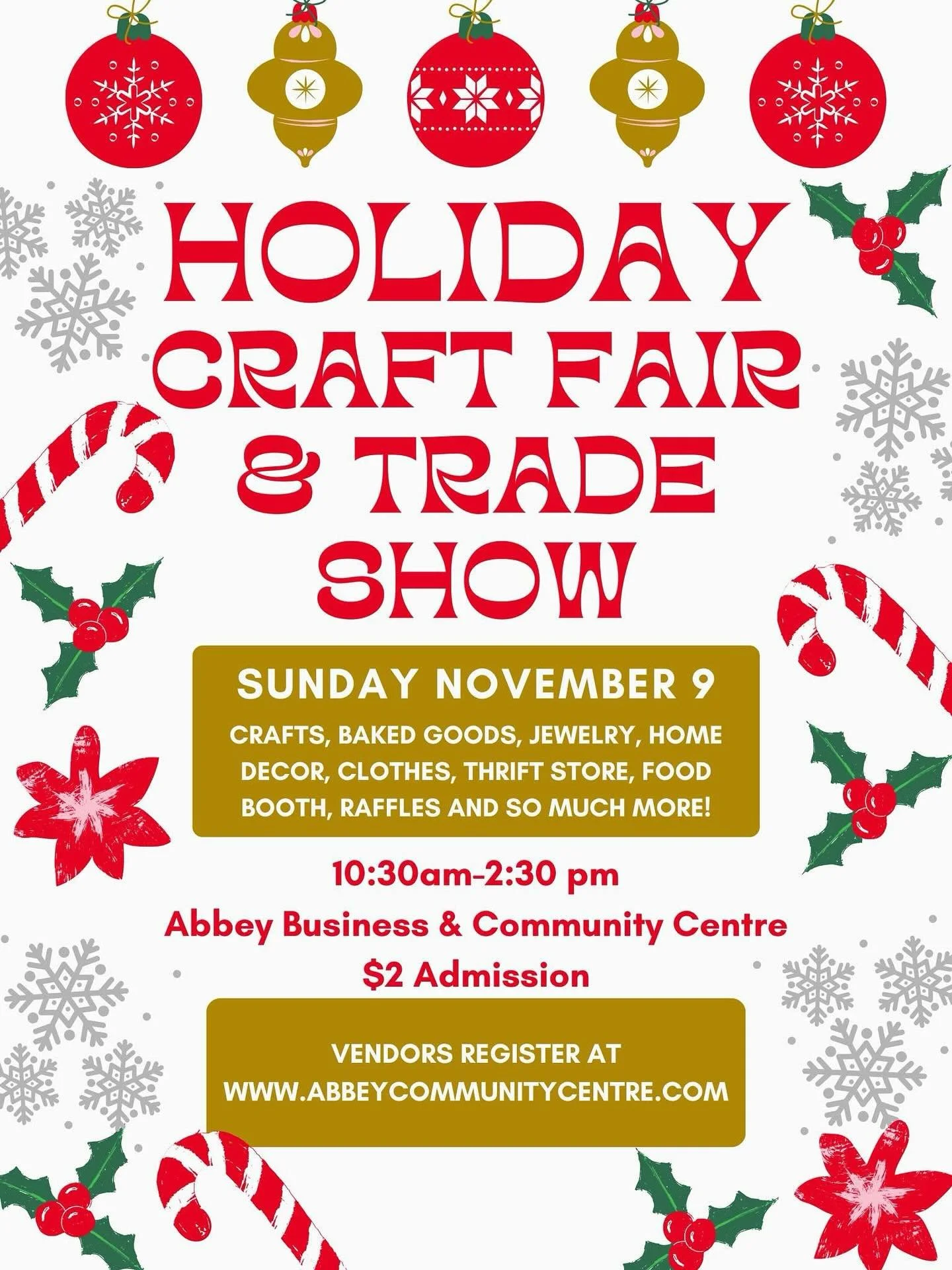 🛒🎁SAVE the DATE for Abbey&rsquo;s Annual Craft Fair and Trade Show Sunday November 9 2025🎅🎄 
Vendors can register at:
www.abbeycommunitycentre.com