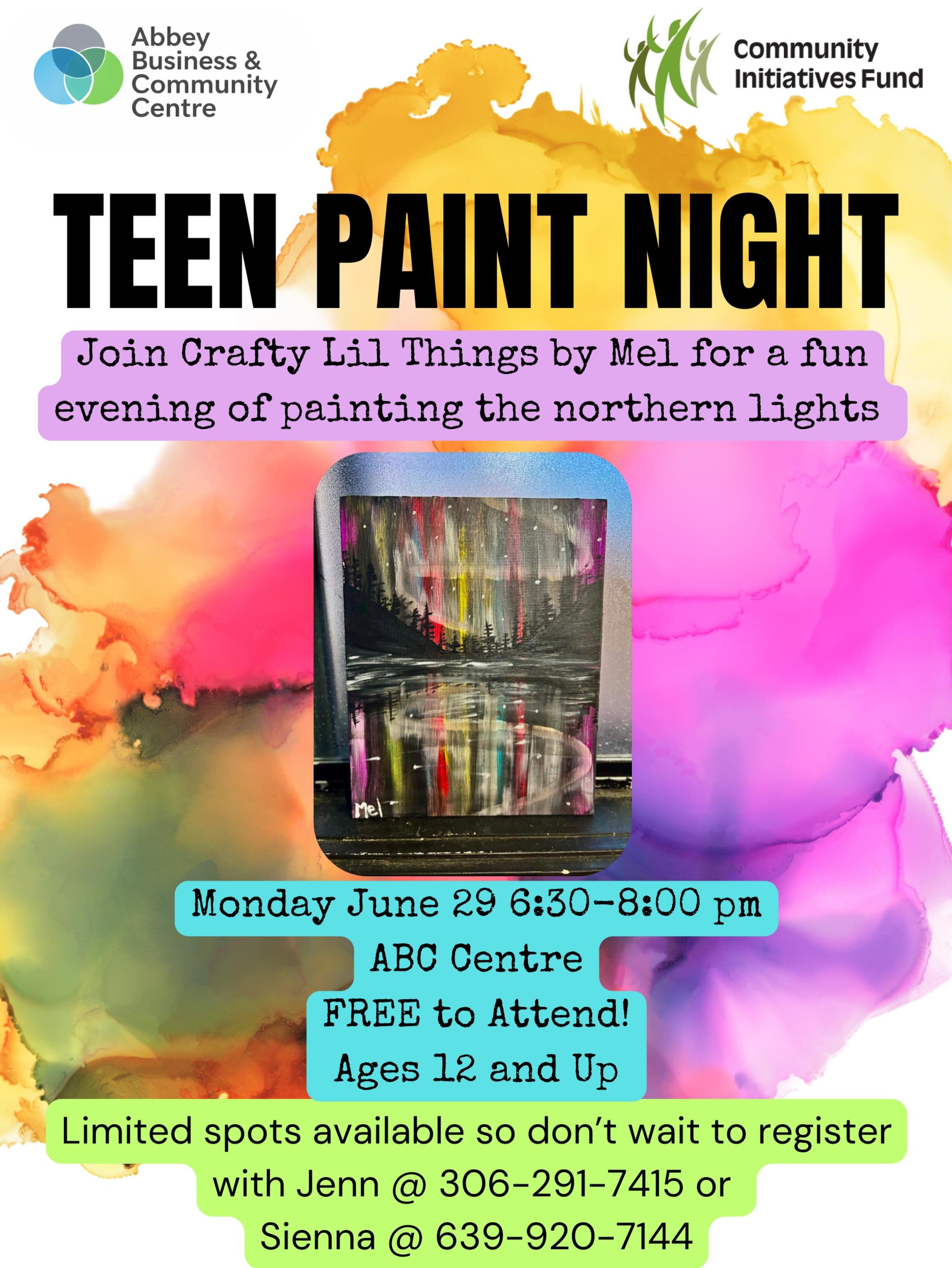 🎨✨ Teen Paint Night is Here! ✨🎨

Calling all teens ages 12 and up! Join us at the ABC Centre for a fun and creative evening as Crafty Lil Things by Mel guides us through painting a beautiful Northern Lights masterpiece. No experience is needed&mdas