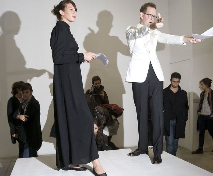 Our Literal Speed presents "Our Literal Speed," dimensions variable, materials: two-person lecture, work of sculpture, milling crowd, Fabricca del Vapore, Milan, 8 November, 2010 (detail)