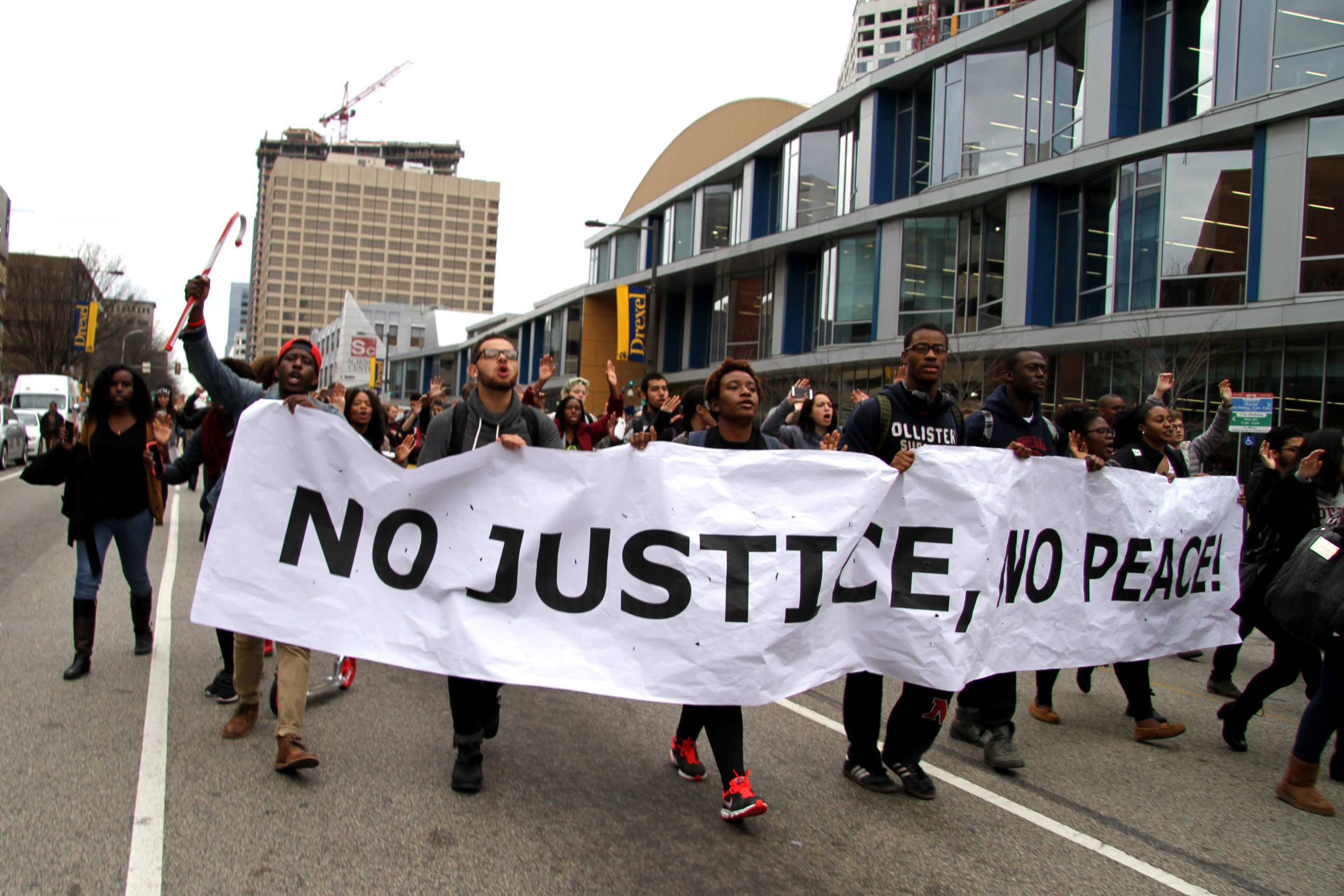 PHILADELPHIA - A group of students marches through the University of Pennsylvania and Drexel University following the decision of a grand jury to not indict Officer Darren Wilson after his fatal shooting of Michael Brown (Nov. 2014)