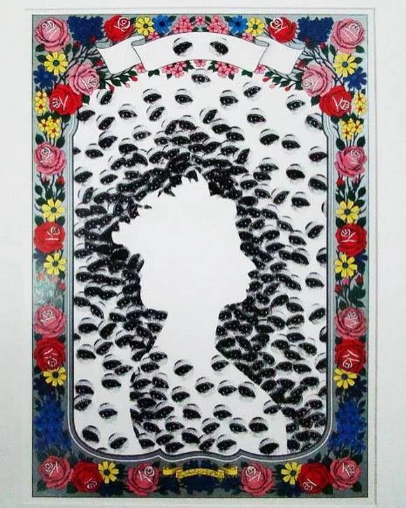 Muhammad Atif Khan, Point of view , Hand-stamping with ink on traditional floral border 32cm x 46cm, 2013. Instagram: @atifkhan.artist