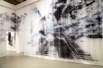 Izhar Patkin, Veiled Threats, ink on pleated illusion (tulle curtains), 14 x 22 x 28, 2007, Courtesy of the Artist