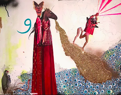 Saba Taj, Oh Waw , collage, acrylic paint, spray paint, gold leaf, glitter, graphite on panel, 24x30”, 2017. Courtesy of Artist