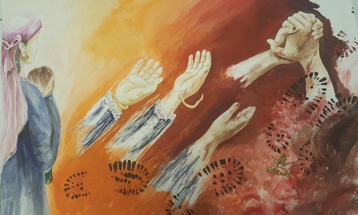 Stolen Children of Kashmir, Shagufta. Watercolor on paper, 16 x 22. On the left, a woman wearing a blue attire is holding a baby in her hands close to her chest. The woman has tied her light pink head scarf in a traditional Kashmiri way and is wear…
